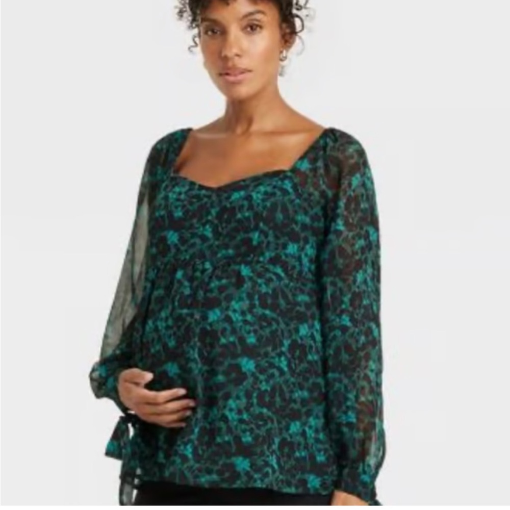Isabel maternity puff sheer sleeves sweetheart neck green botanicals blouse M